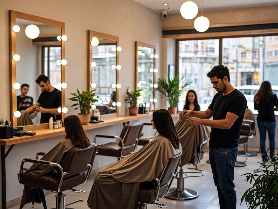 Interior of the salon with styling chairs and mirrors in warm neutral tones