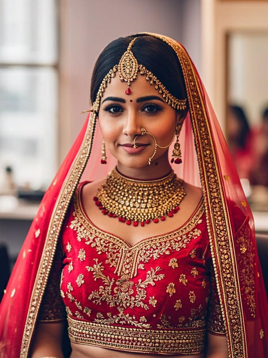 Finished Indian bridal look with red and gold bridal wear
