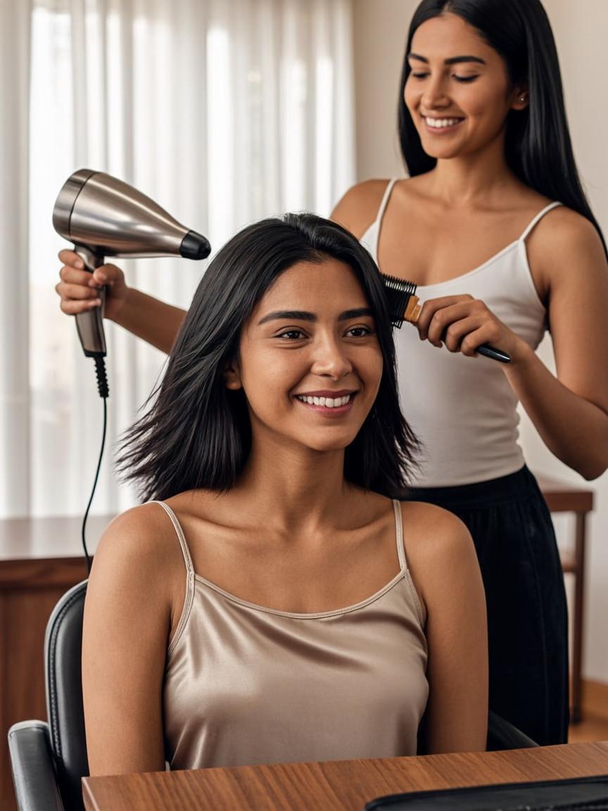 Stylist blow-styling a client's hair with a round brush in a warm modern salon