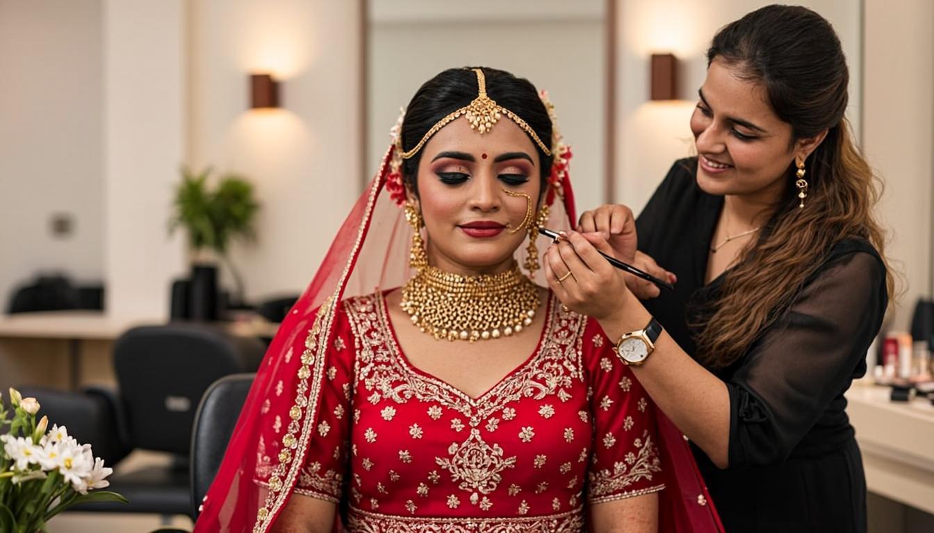 Bride getting ready on her wedding morning while a makeup artist applies her makeup